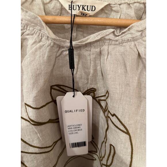 Buykud 2XL Linen Blouse Beige Long Sleeve Embroidered Leaf Oversized Boho Top - Picture 4 of 10